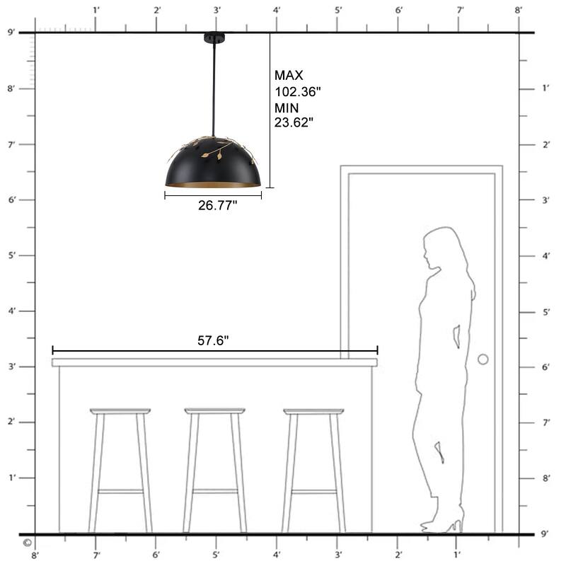 8-Light Matte Black Dome Pendant Light with Gold Interior for Kitchen - Dia.19.69-in