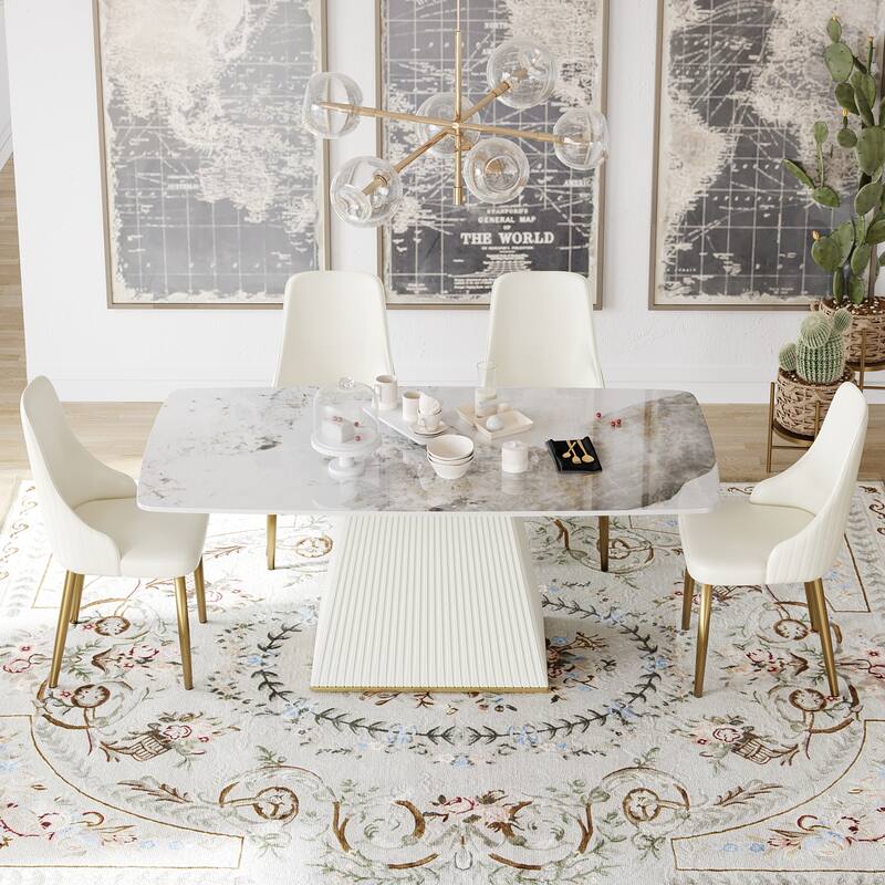 Modern Dining Table Sintered Stone Rectangle Kitchen Table With Square Pedestal - Off White - 70.87"