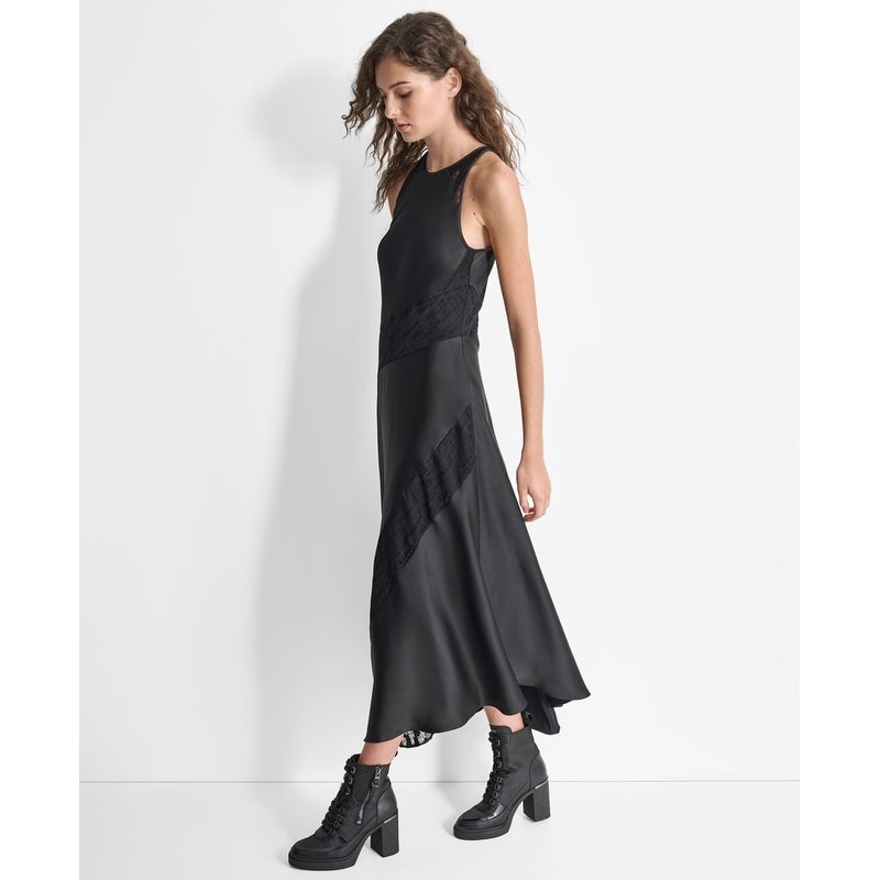 DKNY Lace Panel Satin Maxi Dress - 0 - Black