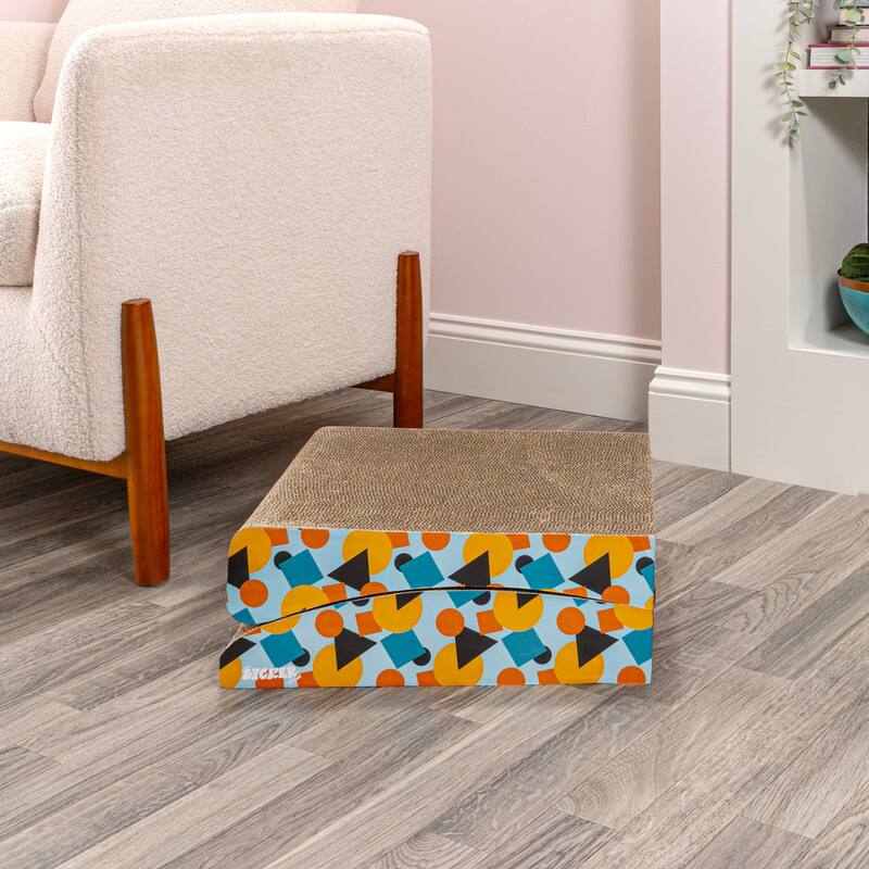 Eero 32" Modern Cardboard Foldable Lounge Cat Scratcher with Catnip, Blue/Orange