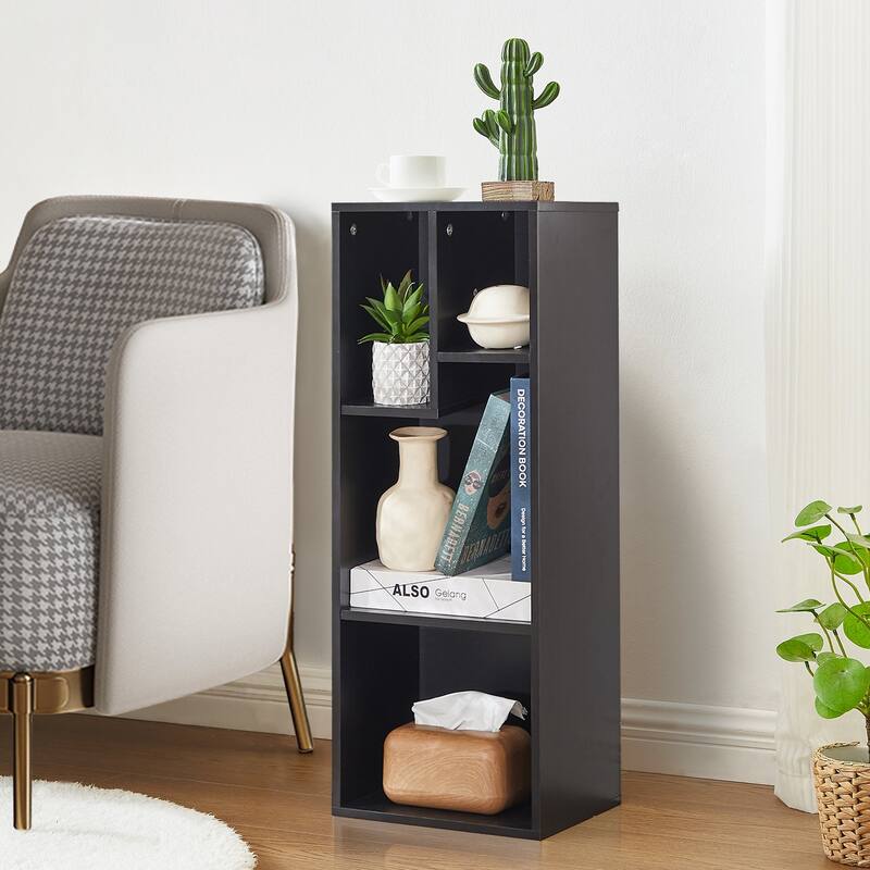 VECELO Wood Organizer Bookcase,Fits Tallest Hardcovers, Customized Storage Display Shelf, Free Standing for Living Room, Bedroom - 4 Cube - Black