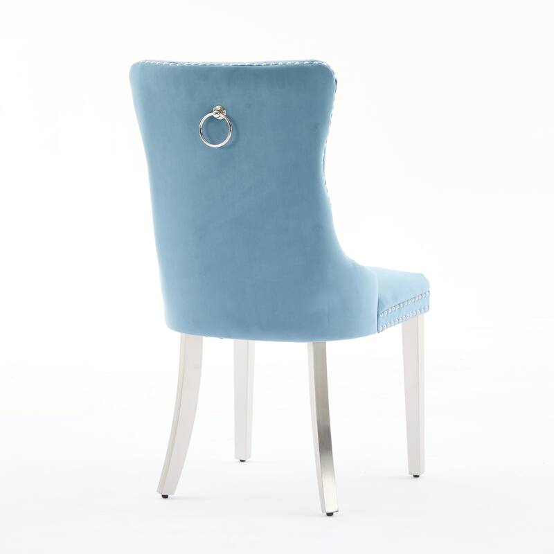 Modern Tufted Velvet Dining Chair with Chrome Stainless Steel Plating Legs and Nailhead Trim, for Dining Room, Light Blue