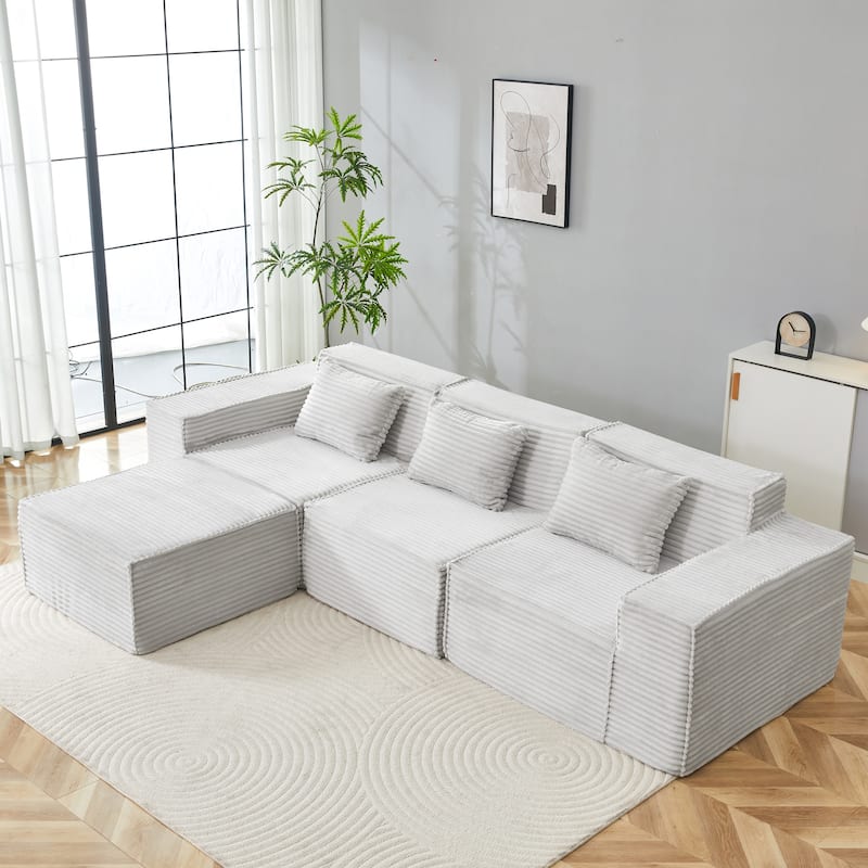 L-Shaped Modular Sectional Sofa,3-Seater with Ottoman,Striped Corduroy Fabric for Home, Apartment, Office - Light Gray