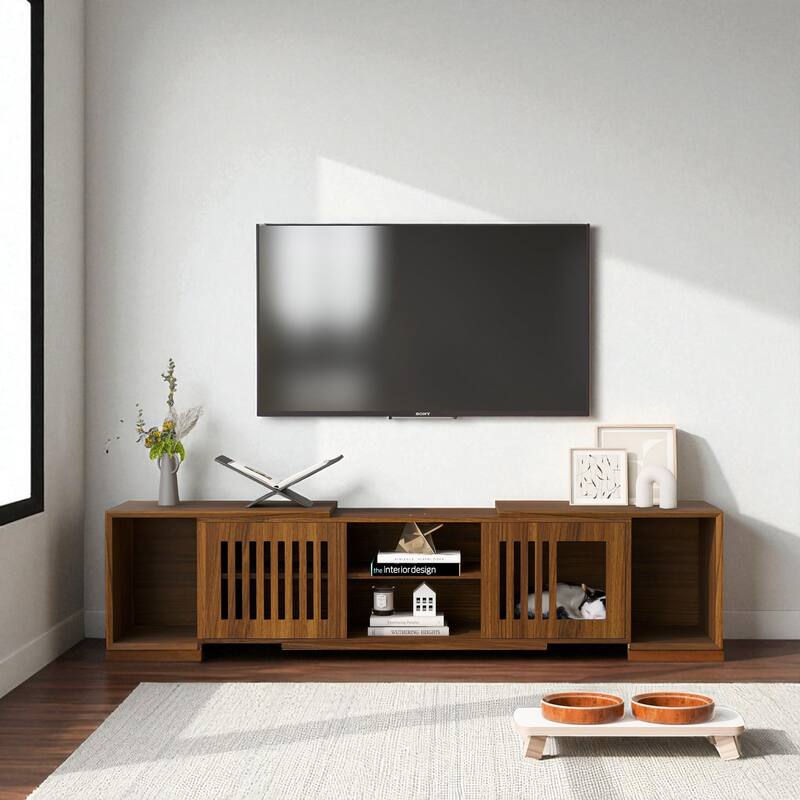 Mid-Century Modern Extendable TV Stand with Cat House & Litter Box Enclosure, Walnut Entertainment Center with Sliding Doors - Walnut