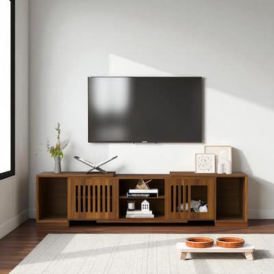 Mid-Century Modern Extendable TV Stand with Cat House & Litter Box Enclosure, Walnut Entertainment Center with Sliding Doors