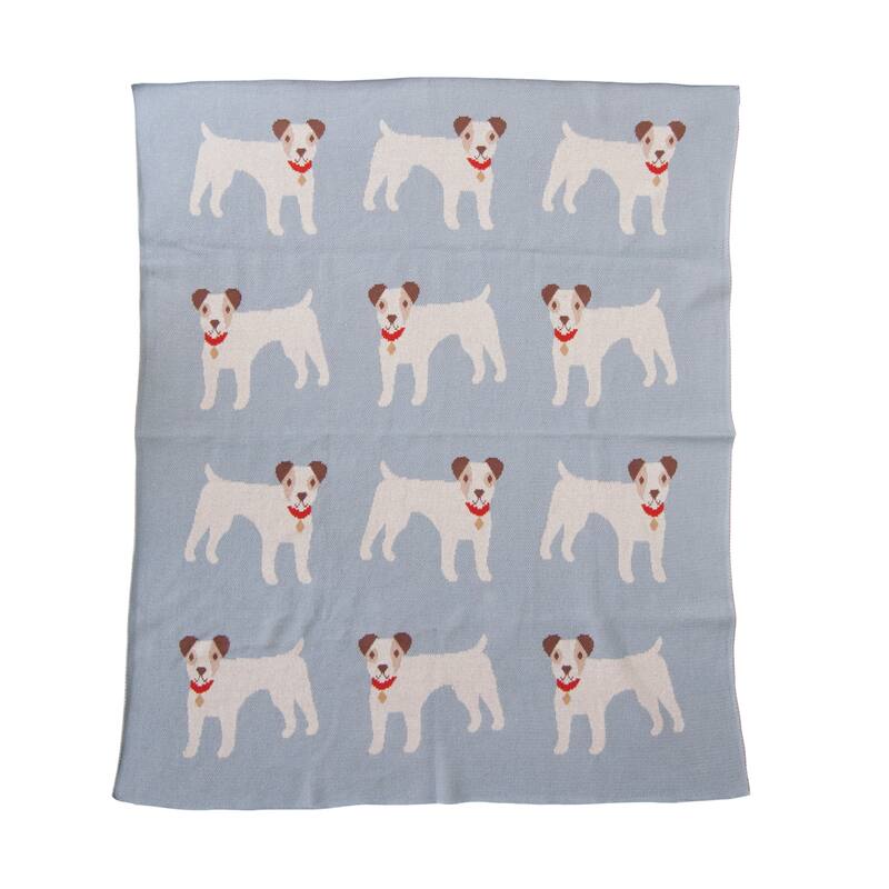 Cotton Knit Baby Blanket with Prints - Blue - Animals