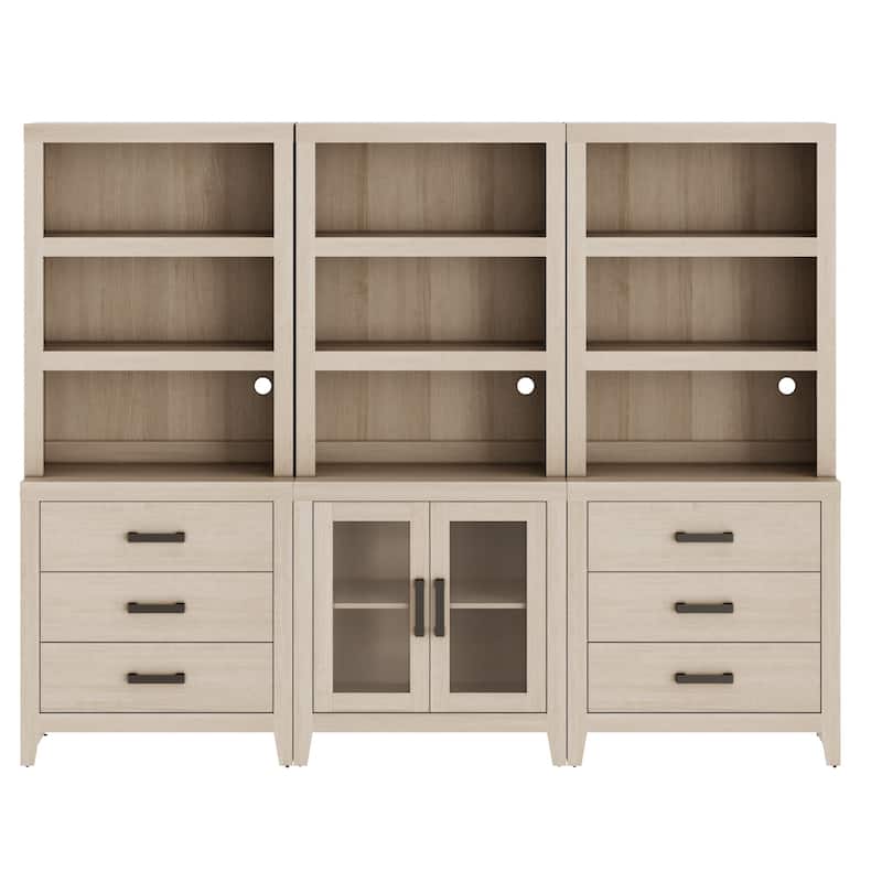 WAMPAT 74" Tall Bookshelf with Glass Doors and Drawers, 3-Tier Farmhouse Storage Cabinet