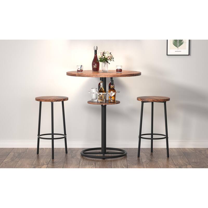 VECELO Bar Table Set, Round Bistro Bar Table Wooden Top, Sturdy Metal Frame with Pedestal, Set of 1/3