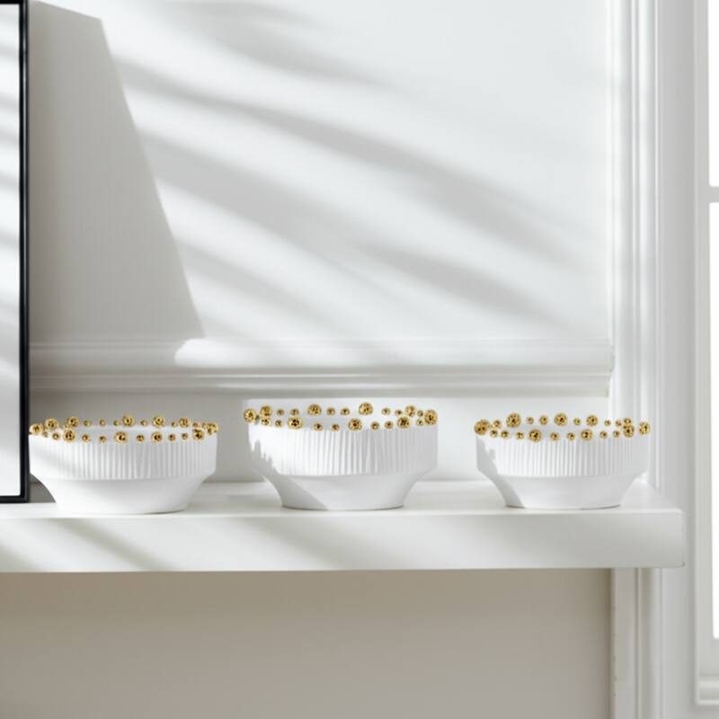 Ceramic Bowls Beaded Edge Elegant Craft Accent (Set of 3) - 4/5" White - 10" x 10" x 5"