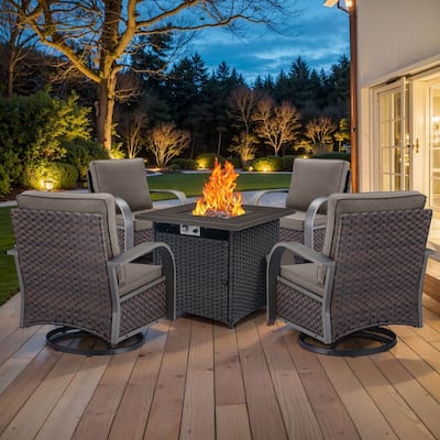 4Pieces Patio Swivel Chairs with Fire Pit Table - Grey cushion - Brown