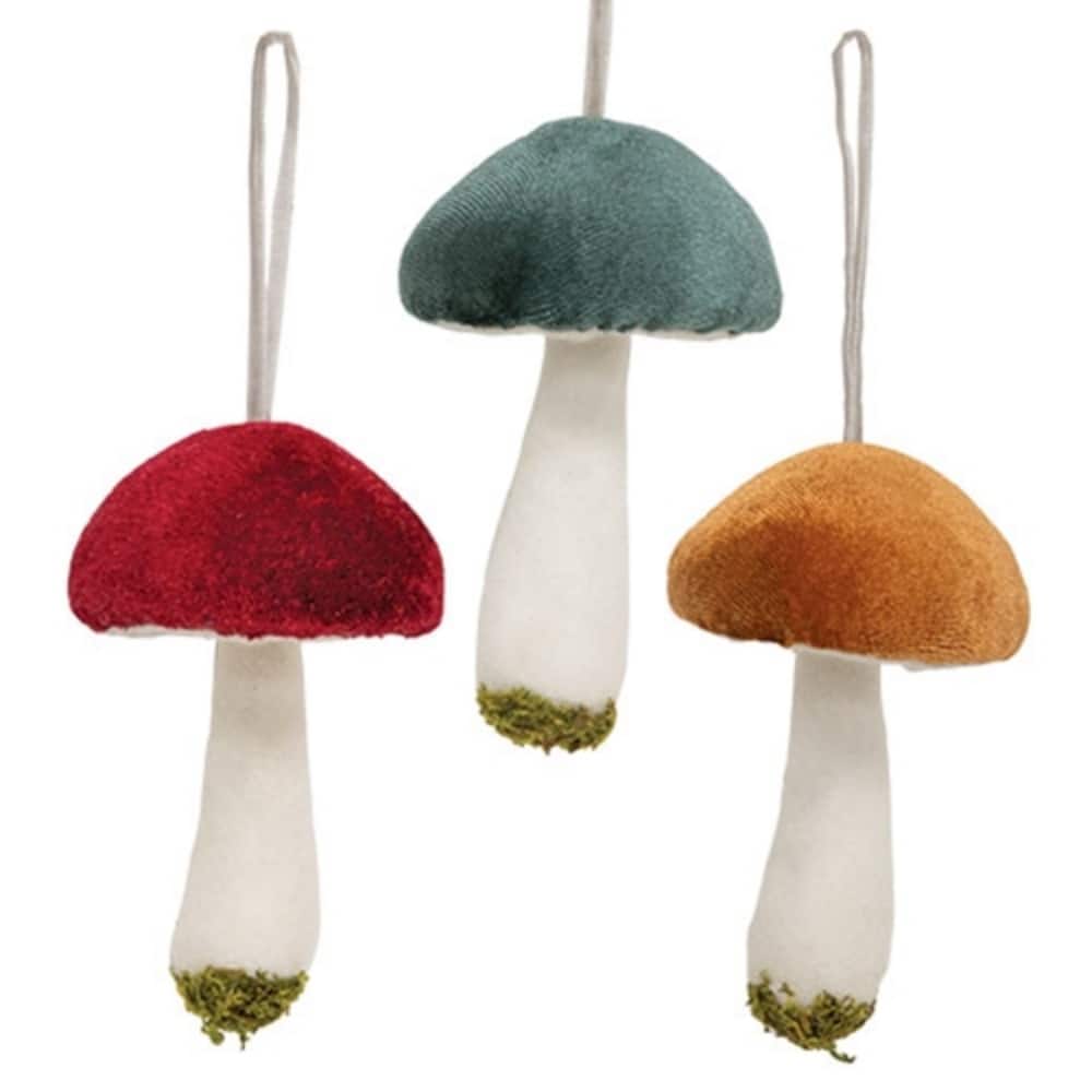 Velvet Mushroom Ornaments Christmas Decor 3 Asstd - 4.5" x 2.5"