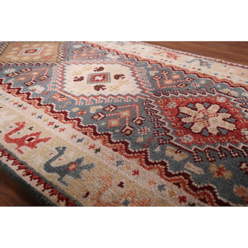 Gray Geometric Kazak Indian Runner Rug Hand-Knotted Wool Carpet - 2'6"x 8'2"