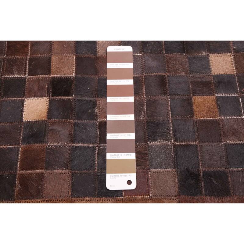 ECARPETGALLERY Handmade Cowhide Patchwork Dark Brown Leather Rug - 6'1 x 6'1
