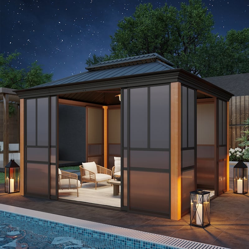 Erommy Outdoor Solarium Sunroom, Patio Hardtop Gazebo, Aluminum Frame Permanent Gazebo with Sliding Doors and Screens