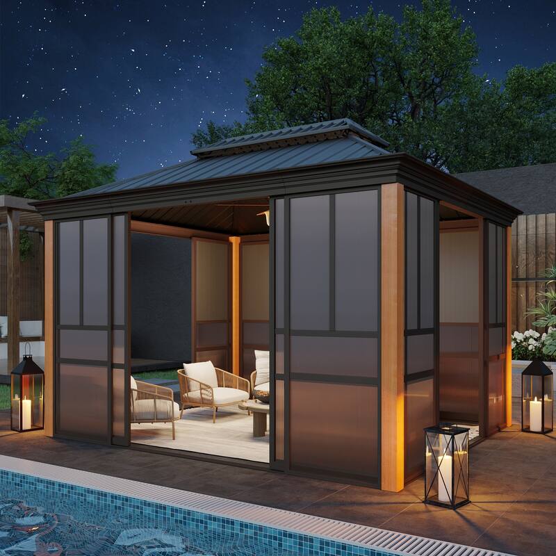 Outdoor Solarium Sunroom,Patio Hardtop Gazebo,All-Season Aluminum Patio Gazebo with with Sliding Doors and Screens