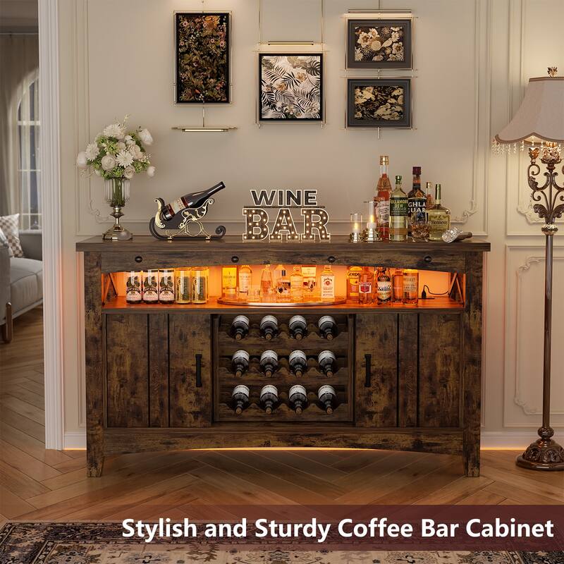 Farmhouse 47" Wine Bar Cabinet with Power Outlets & LED Lights, Industrial Coffee Bar Liquor Cabinet with Shelves & Wine Rack