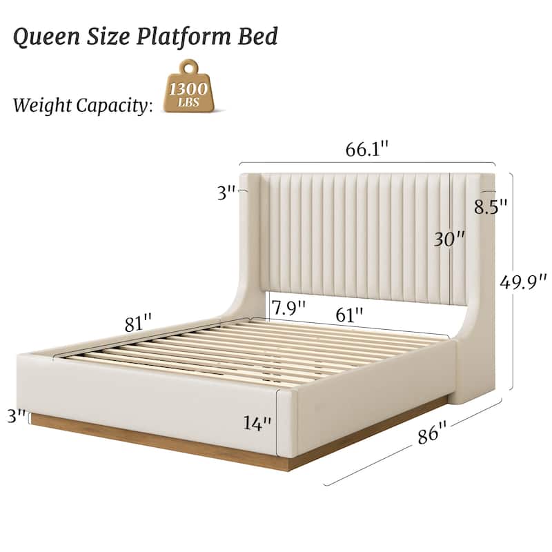 Wooden Upholstered Platform Bed with Padded Headboard-Queen/King Size