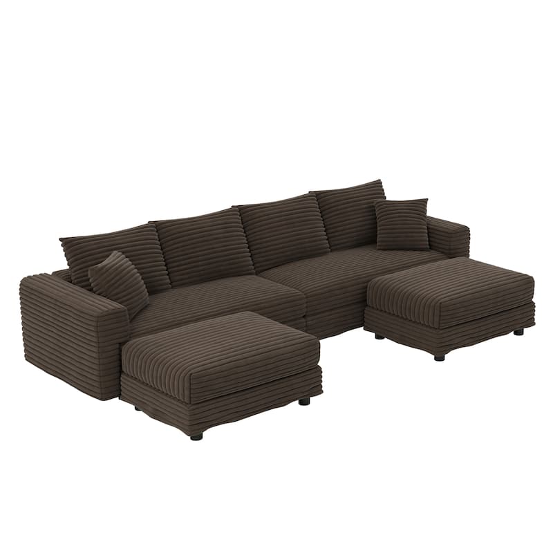 102.4" Corduroy Couch with Ottomans, 4 Seat Convertible Modular Sectional Sofa, Upholstered Couches with Pillows for Living Room