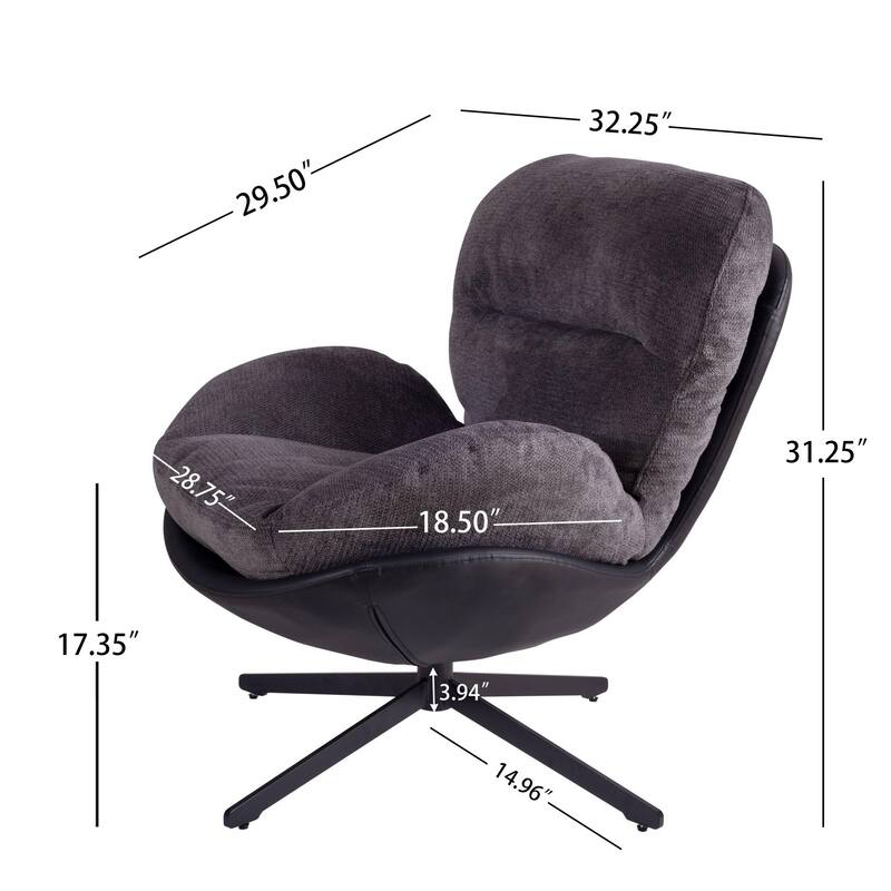 360° Swivel Accent Chair, Modern Chenille Lounge Chair with Faux Leather and Black Metal Base Frame, Comfortable Reading Chair