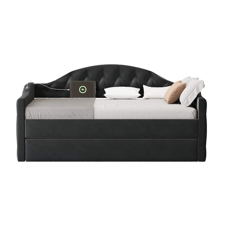Tufted Upholstered Frame Daybed Velvet Sofa Bed with USB and Type-C Charging Ports, Twin Platform Low Profile Bed with Trundle