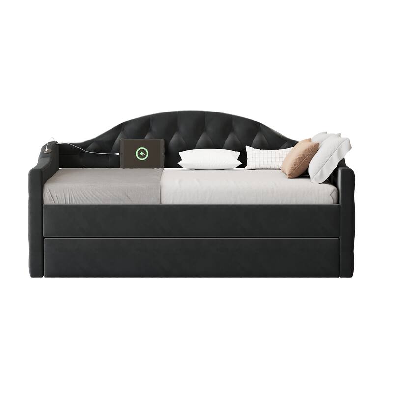Twin Tufted Upholstered Daybed with Trundle - Velvet Sofa Bed, USB/Type-C Charging, No Box Spring Needed