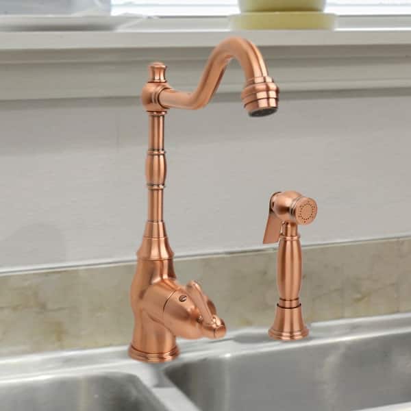slide 1 of 6, One-Handle Copper Widespread Kitchen Faucet with Side Sprayer Copper