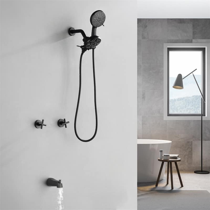 Wall Mount Tub and Shower Faucet with Hand Shower Brass Dual Head Complete Wall Mounted Shower System with Valve