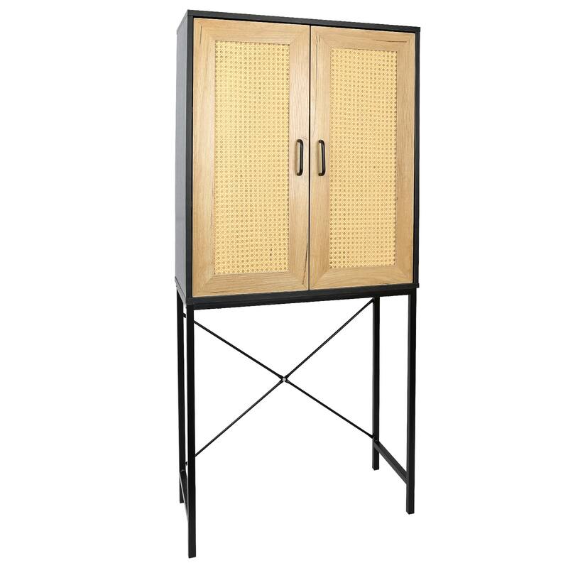 Elegant Tall Storage Cabinet with 2 Rattan Doors,X-Shaped Supporting Bars