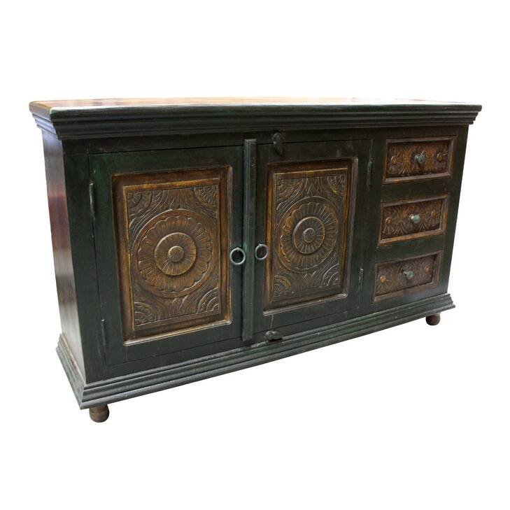HomeRoots 60" Dark Brown and Green Solid Wood Three Drawer Buffet Table with Two Doors - 60.00 in. x 36.00 in. x 16.00 in.