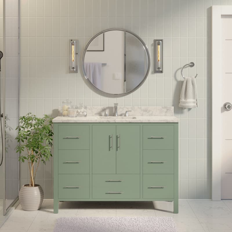 KitchenBathCollection California 48" Bathroom Vanity with Carrara Marble Top - Sage Green
