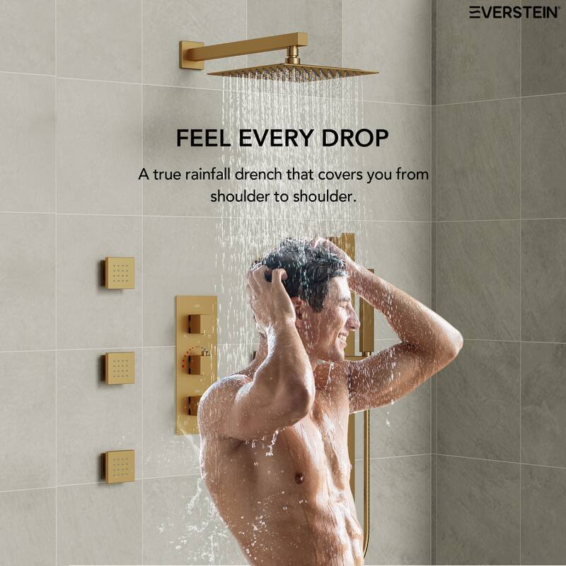 Thermostatic Shower System 12" High-Pressure Rainfall Shower Head with Slide Bar Hand Shower