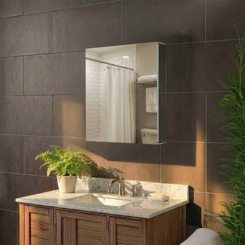 Bathroom Medicine Cabinet, Aluminum, Recessed/Surface Mount, Right/Left Hinged, Mirrored Interior - 24 X 24