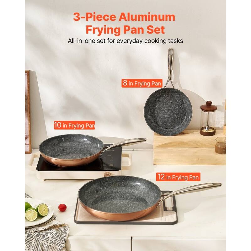 3-Piece Grey Nonstick Frying Pan Set Aluminum Skillet with Heat-Resistant Ergonomic Handles - Large Pan Size: 20 x 12 x 3 in