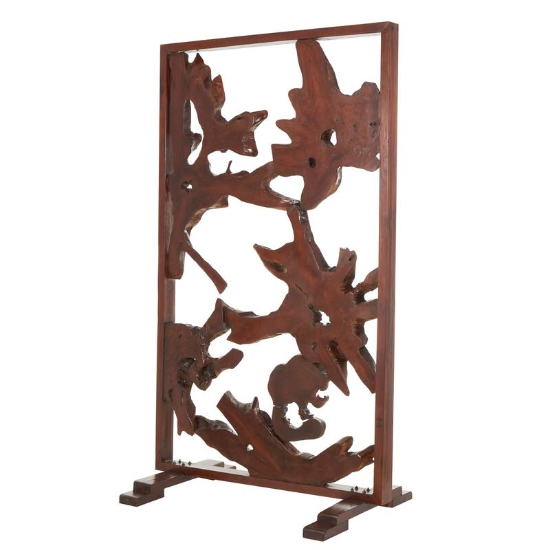 Brown Teak Wood Handmade Tall Live Edge Freestanding Room Divider Screen with Large Tree Trunk Pieces