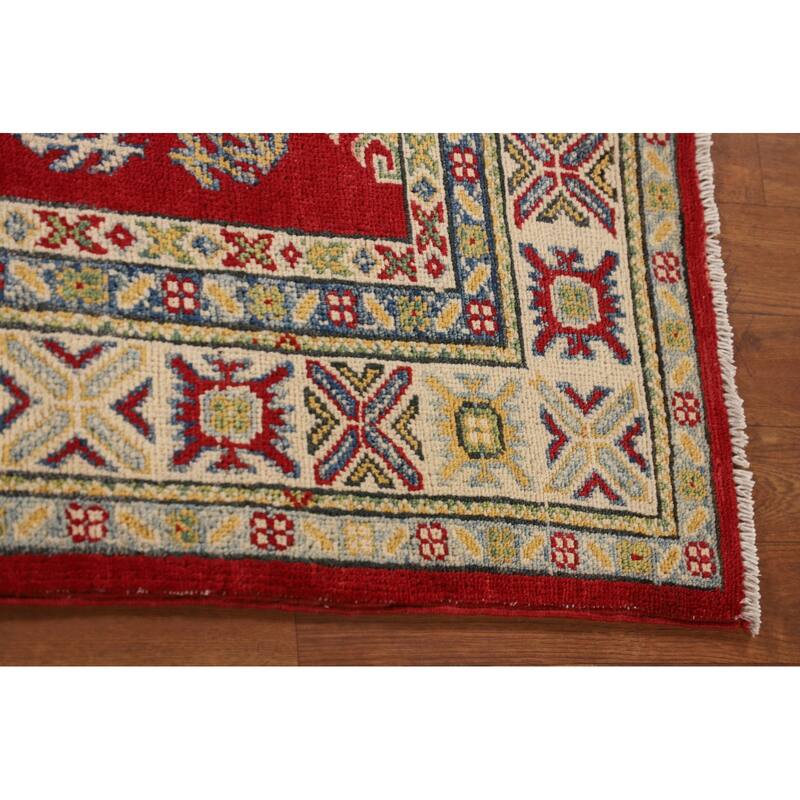 Red Kazak Oriental Accent Rug Hand-Knotted Geometric Wool Carpet - 3'4"x 5'0"