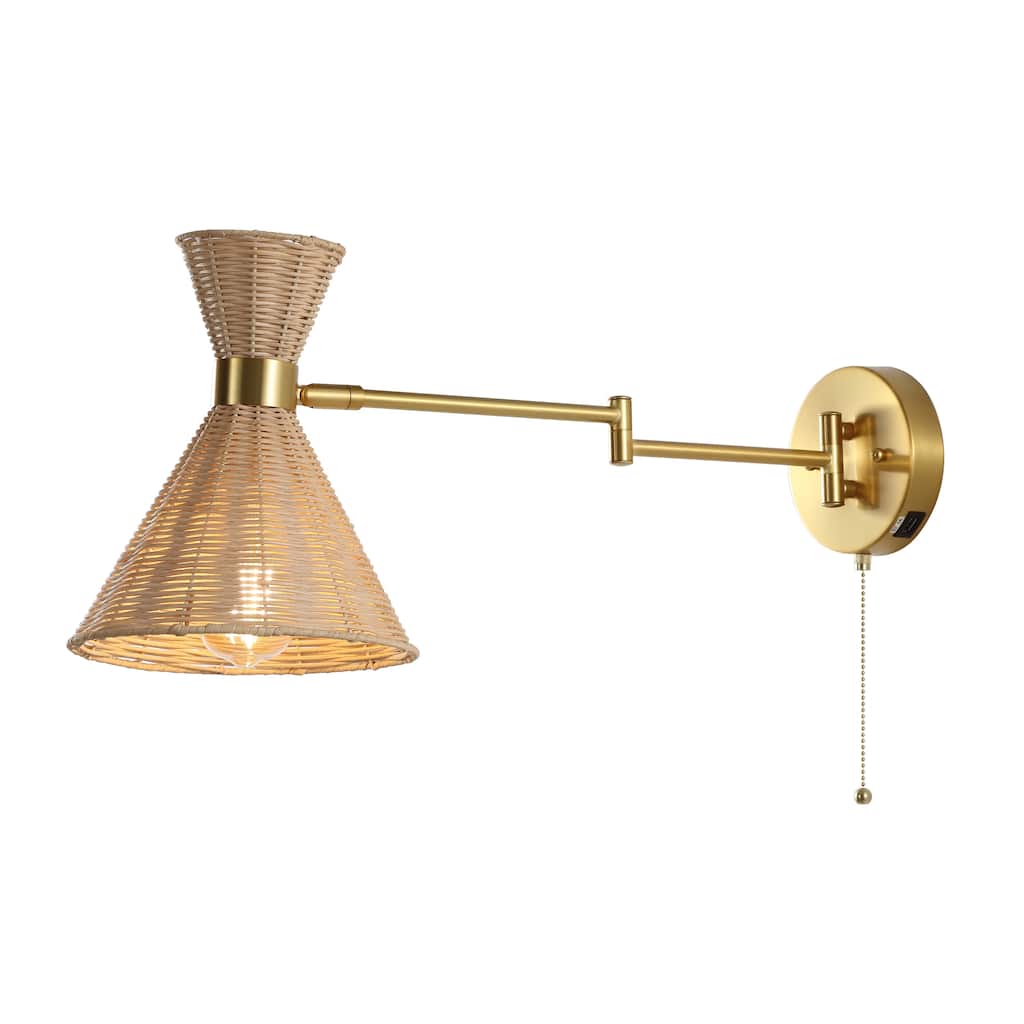Lyla 25" 1-Light Mid-Century Vintage Retro Rattan/Metal USB Charging Swing Arm LED Sconce with Pull Chain, by JONATHAN Y