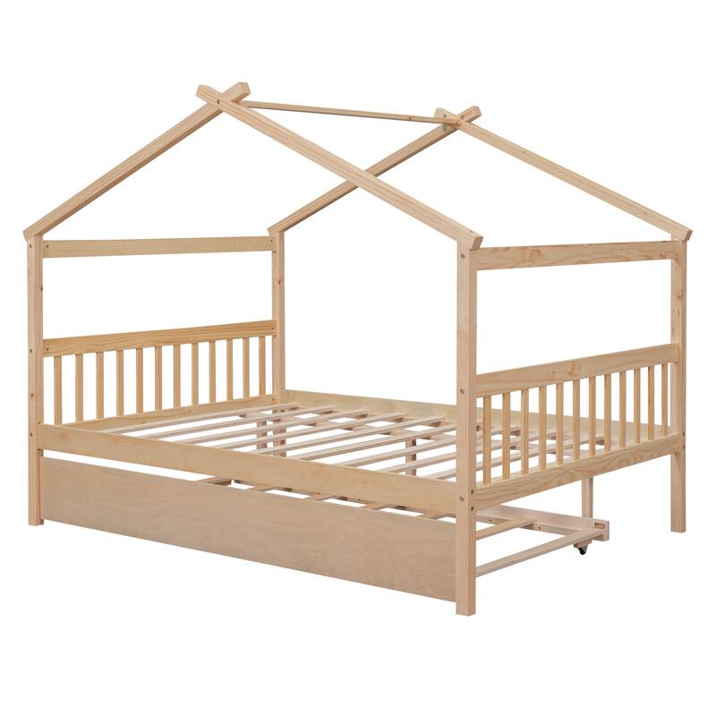 Twin/Full House Bed with Pull-Out Trundle, Solid Pine Wood Frame for Sleepovers