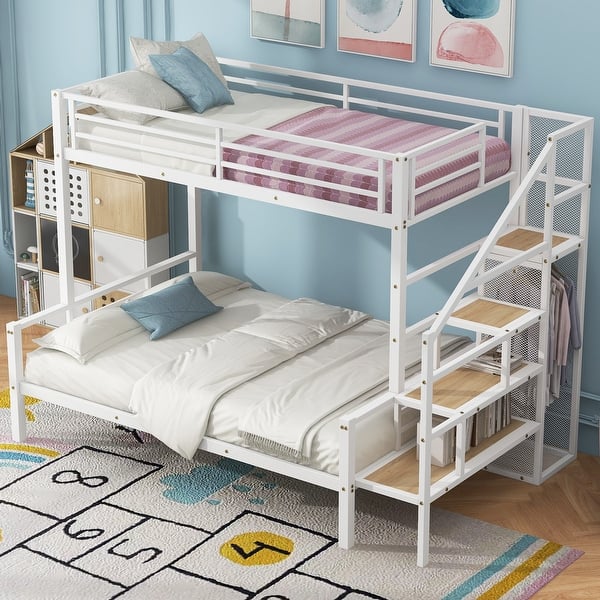 slide 2 of 15, Metal Bed Frame Twin over Full Size Bunk Bed with Storage Staircase, Open Wardrobe and Full-Length Guardrail for Bedroom White - Full