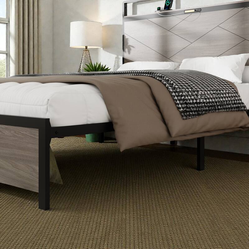 Modern Metal Platform Bed Frame with Wood Headboard LED Lights, USB & Type-C Charging Station, Large Underbed Storage