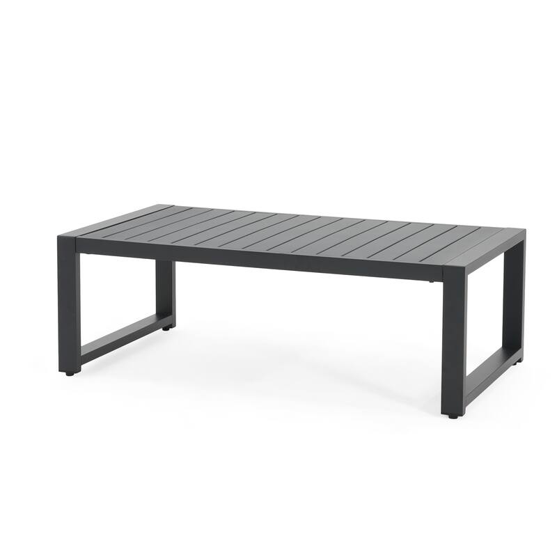 Roomfitters Outdoor Chat Set 4 Piece Aluminum Frame Cushioned Seating Coffee Table, Black Beige