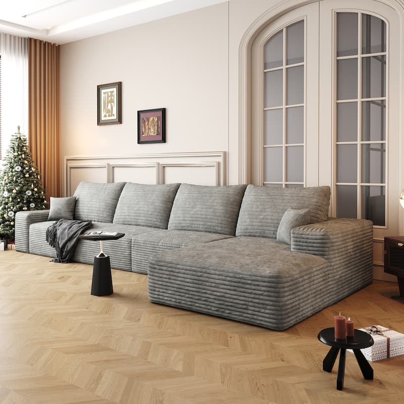 Large Sleeper Sectional Couch L-Shape Floor Modular Recliner Sofa Corduroy Upholstered Chaise Lounge with Ottoman for Livingroom
