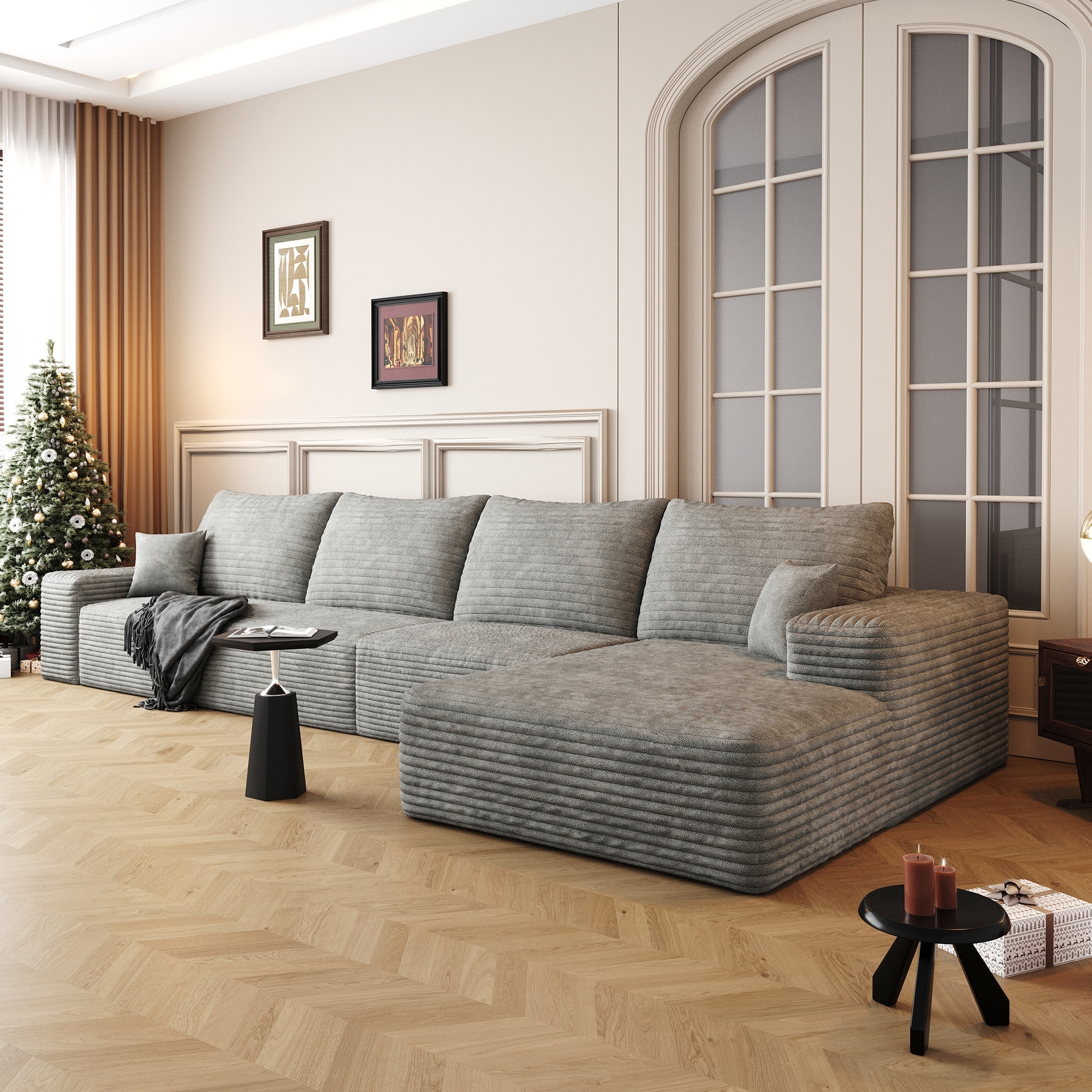 Modular Sectional Sofa with L-Shape Chaise, Oversized Corduroy Upholstered Cloud Sofa, High-Resilience Foam Floor Corner Sofa