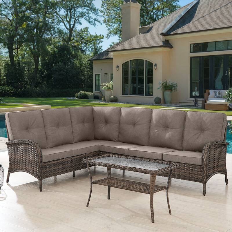 Outdoor Sectional Furniture Sofa Set with Coffee Table - Brown - Grey