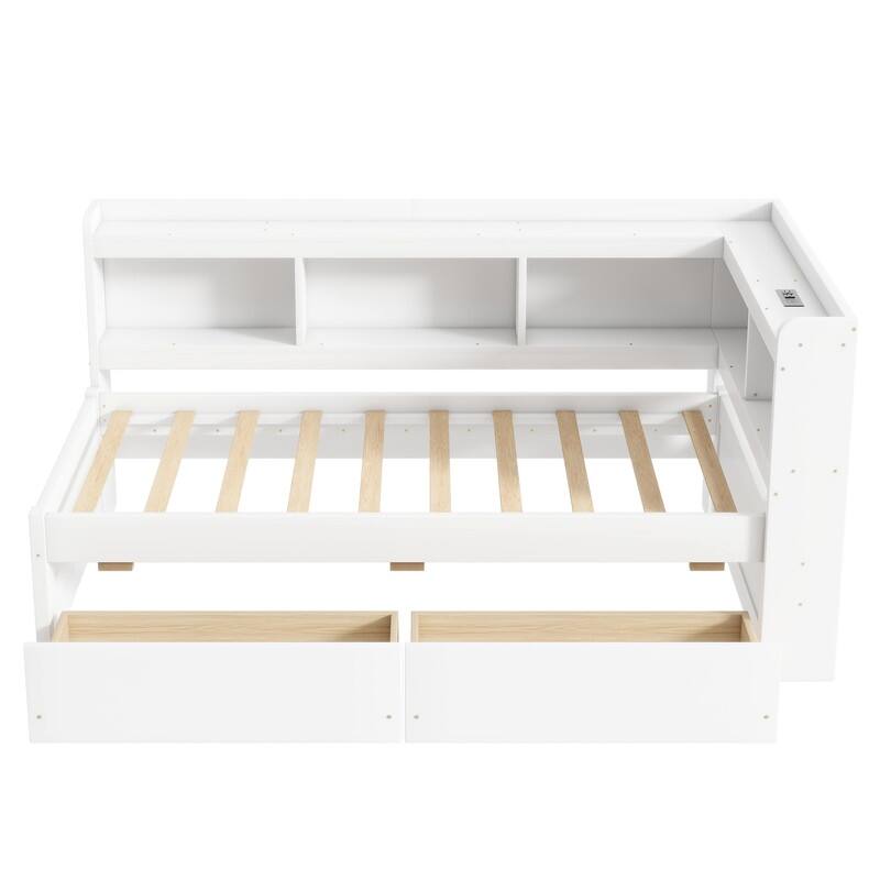 Twin-Size L-Shaped Bookcase Bed - Built-In Power Outlets, USB Ports & 2 Drawers‌