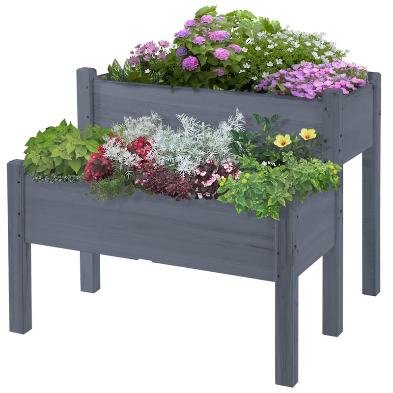34"x34"x28" Raised Garden Bed, 2-Tier Elevated Wood Box for Backyard, Patio to Grow Vegetables, Herbs, and Flowers, Gray