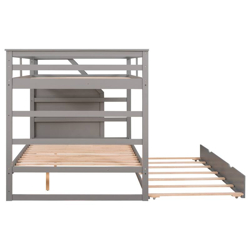 Bunk Bed with Trundle with Safety Guardrail and 3 Storage Stairs, Triple Bunk Multifunctional Space-Saving Solution for Bedroom