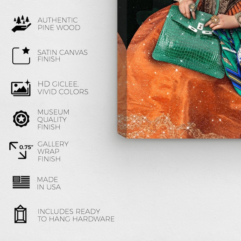 Wynwood Studio Canvas Fashion and Glam Classic Fashion Lady Orange and Emerald Glam Wall Art Canvas Print