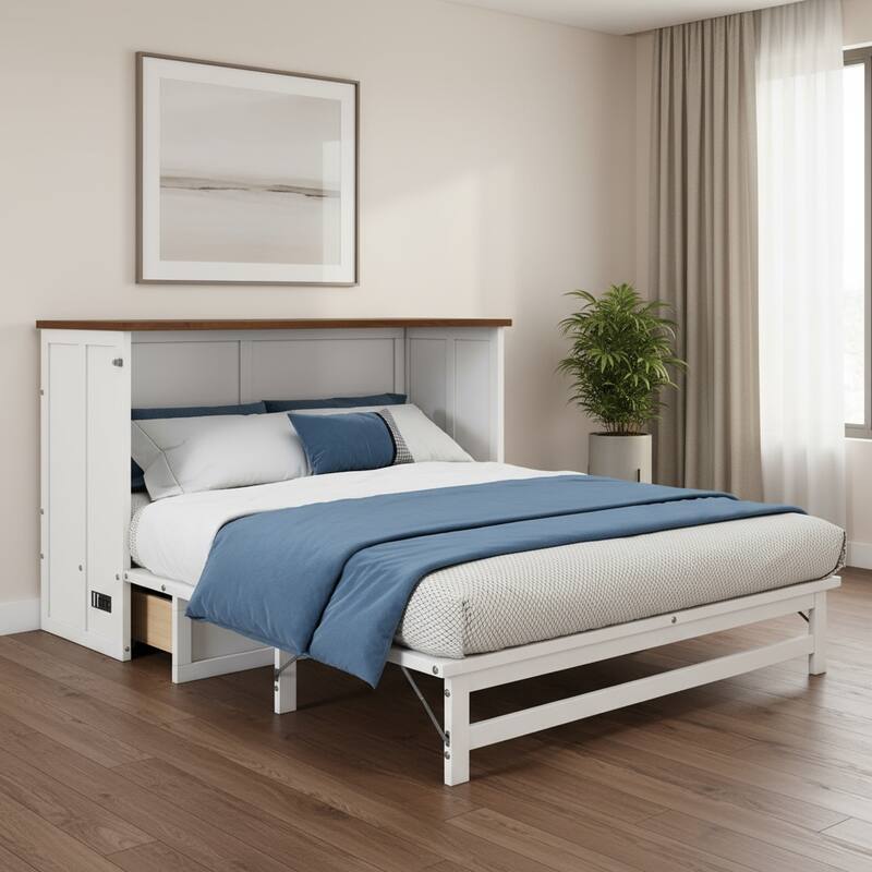 HomeRoots White Wood Full Murphy Bed With USB And Drawer - Full