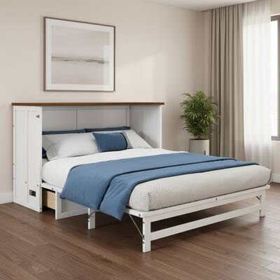 HomeRoots White Wood Full Murphy Bed With USB And Drawer