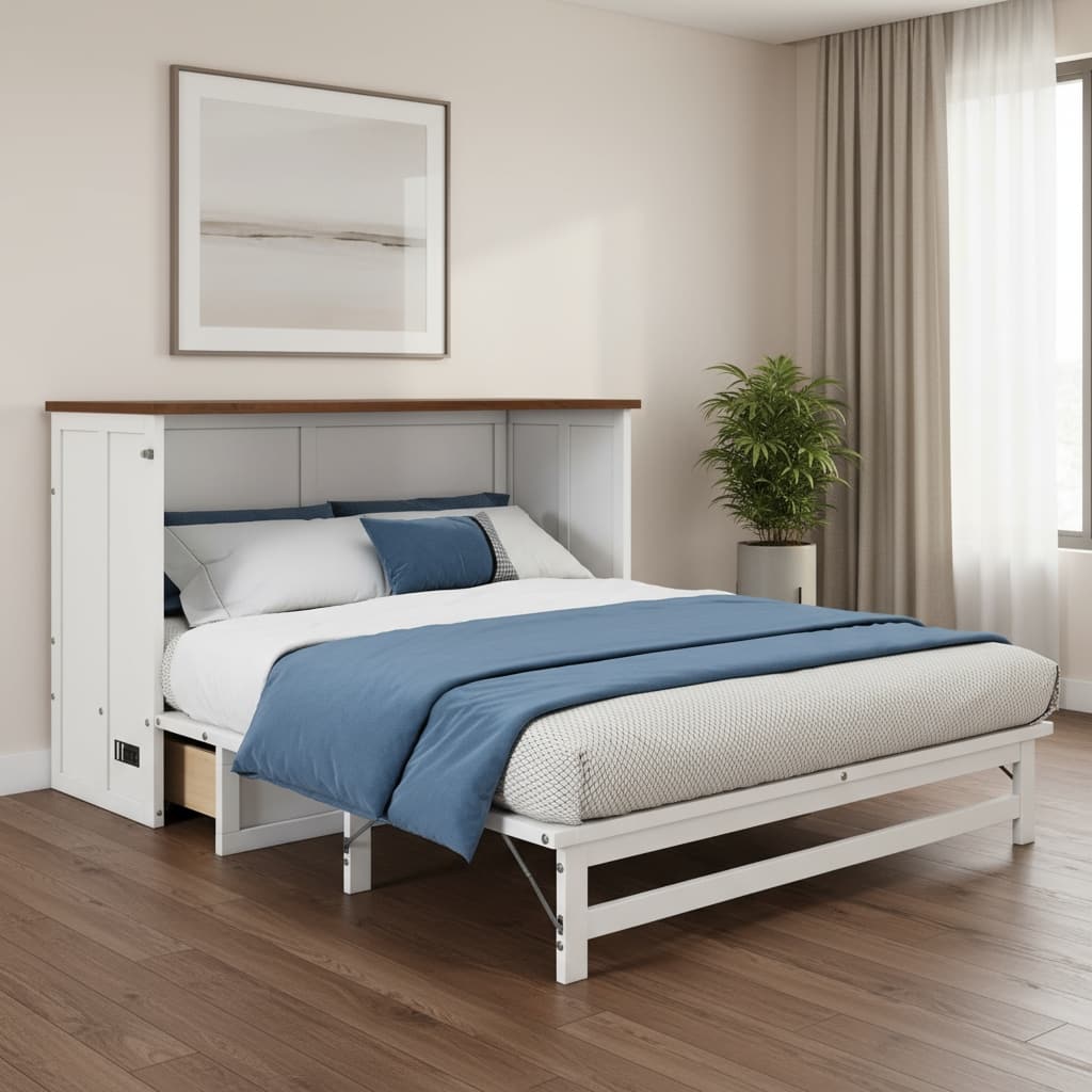 HomeRoots White Wood Full Murphy Bed With USB And Drawer